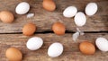 Several of white and brown chicken eggs and small feathers near with it on an table